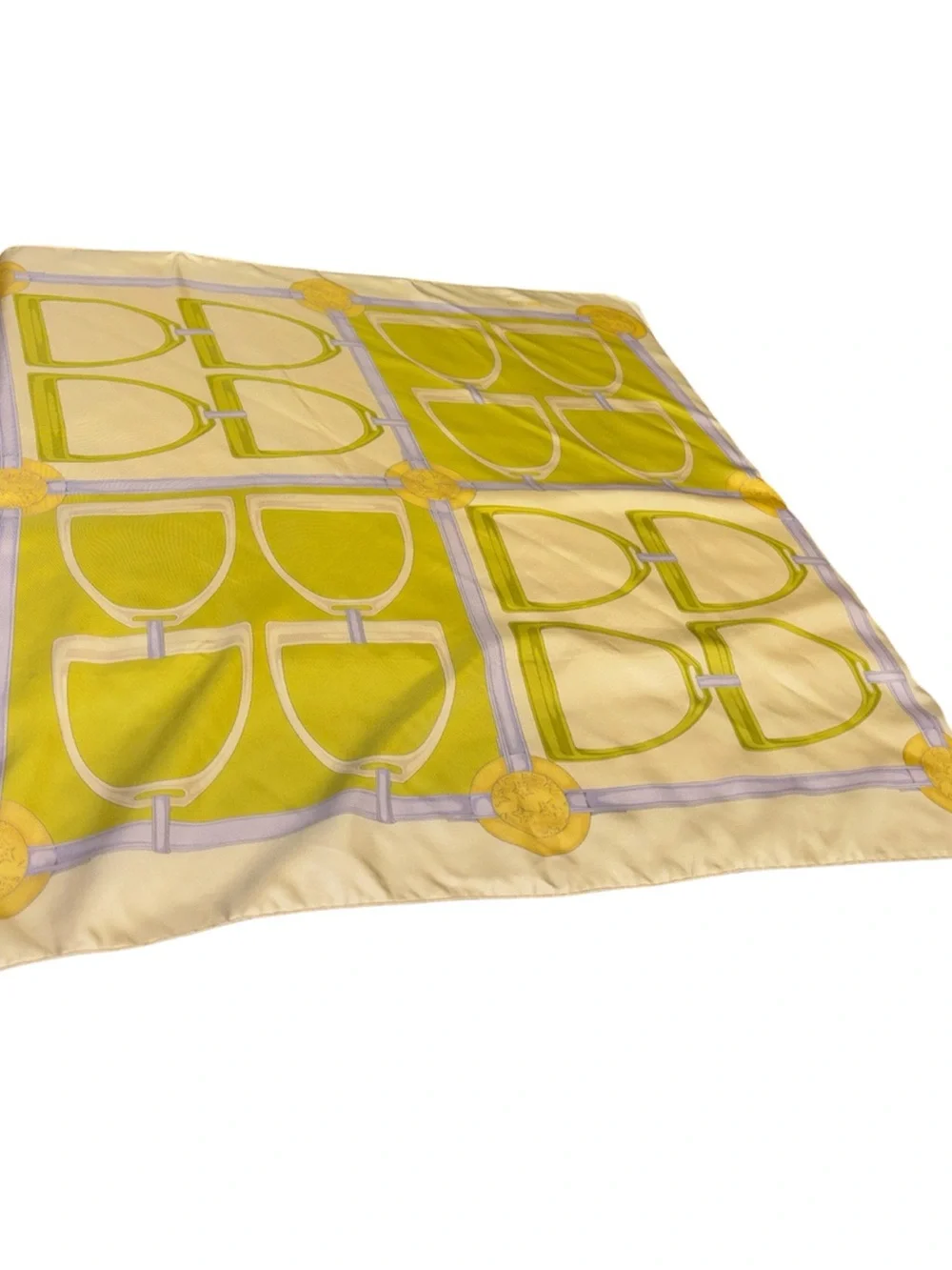 Celine Silk Scarf in Cream, Green & Purple with Gold Motif